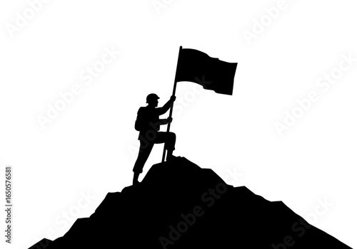 Silhouette of a person holding a flag atop a mountain symbolizing victory