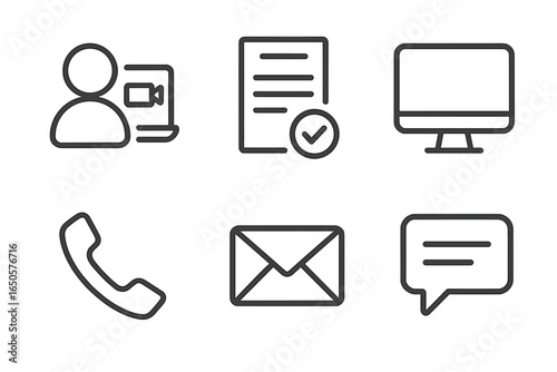 Communication icons: video call, document, computer, phone, email, message symbols