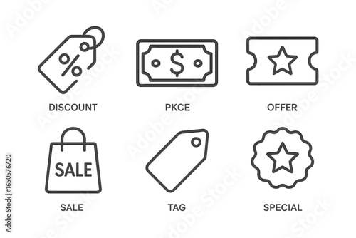 Shopping icons: discount, sale, offer, tag, special, pkce symbol set