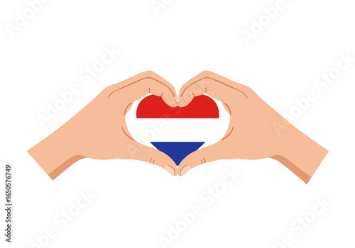 Two hands form a heart shape revealing the flag of the Netherlands within the heart