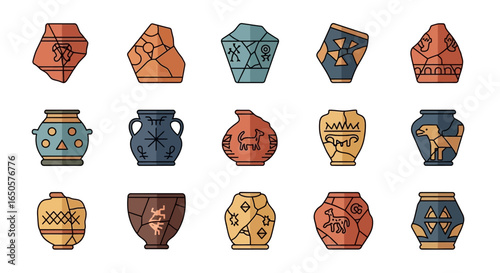 Collection of stylized ancient pottery shards and vessels with geometric and animal designs