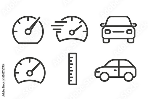 Car and speedometer icons: automotive symbols for speed and measurement
