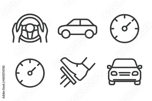 Car driving icons: steering wheel, speedometer, vehicle, acceleration pedal