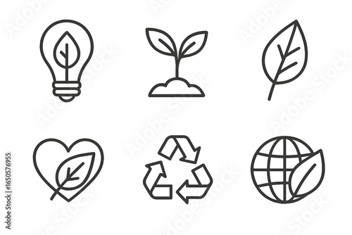 Eco-friendly icons: lightbulb, plant, leaf, heart, recycle, earth symbol