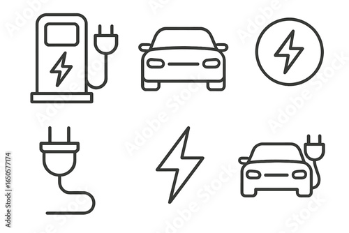 Electric vehicle icons: charging station, car, plug, and lightning symbol