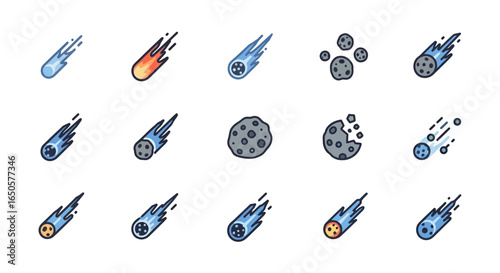 Collection of Stylized Meteor and Asteroid Icons in Motion