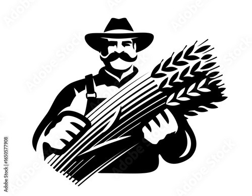 Senior farmer holding bundle of wheat ears. Farm worker and organic grown food. Emblem symbol for packaging label design