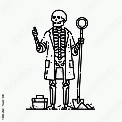 A Skeleton as archaeologist. Retro Vintage Line Art Clipart Silhouette Vector Illustration. .