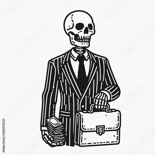 A Skeleton as banker. Retro Vintage Line Art Clipart Silhouette Vector Illustration. Bony figure doing financial work bone worker at paying job.