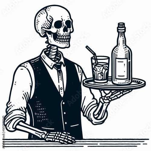 A Skeleton as bartender. Retro Vintage Line Art Clipart Silhouette Vector Illustration. .