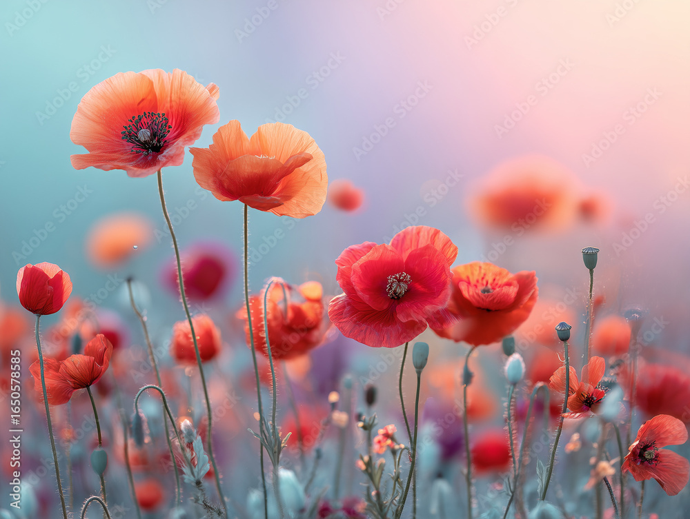 Fototapeta premium Vibrant red poppy flowers blooming in a dreamy meadow with soft pastel background