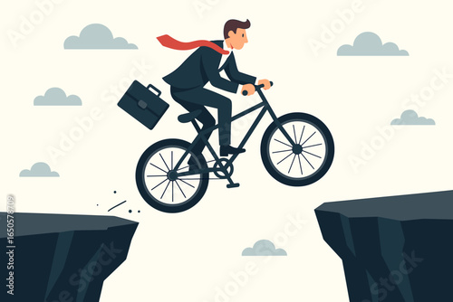 Businessman on a bike jumping over a gap. Business risk, challenge, and obstacle concept. Metaphor for overcoming difficulty, ambition, and taking a leap of faith for success.