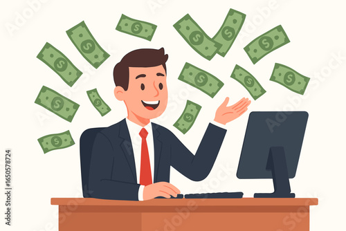 Businessman making money online with a computer. Office worker celebrates financial success. Concept of passive income, digital profit, online earnings, and salary. Rich.
