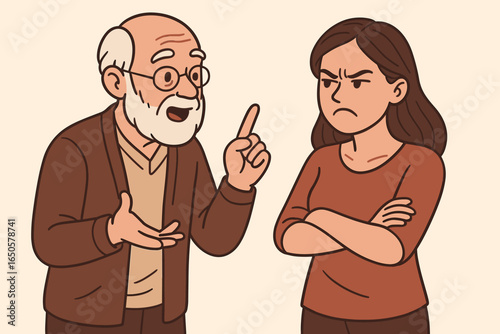 Vector illustration of a family conflict. Generational gap argument with an angry daughter and upset senior father. Man and woman fighting over a disagreement.