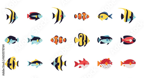 Colorful collection of stylized tropical fish illustrations, featuring various marine species like clownfish, angelfish, and pufferfish in a flat vector style.