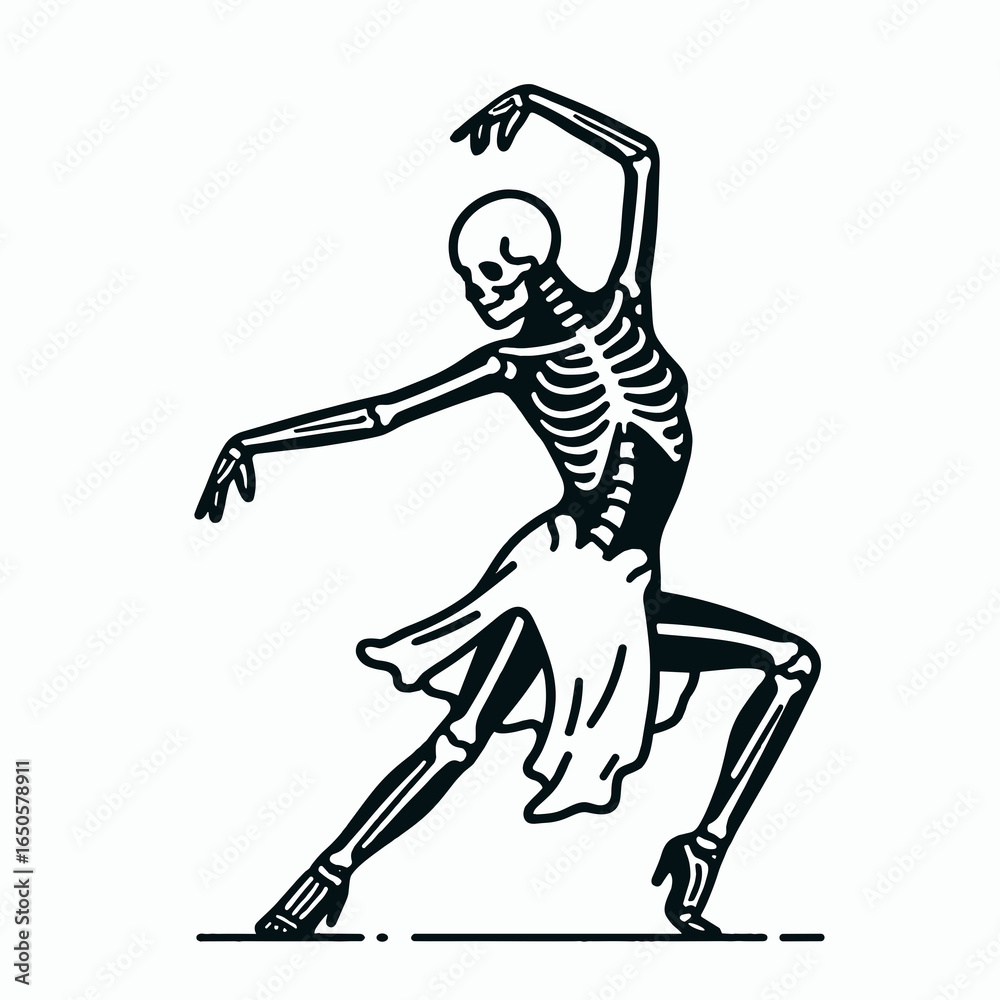 Fototapeta premium A Skeleton as dancer. Retro Vintage Line Art Clipart Silhouette Vector Illustration. .