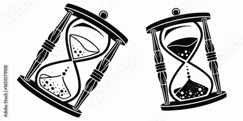 Vintage hourglass or sandglass in outline and silhouette styles. Black and white vector illustration for a logo or tattoo.

