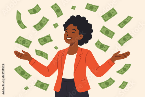 Happy Black woman under money rain. Successful businesswoman celebrating financial success, wealth, profit, and income. Concept of abundance, earnings, and prosperity. Vector