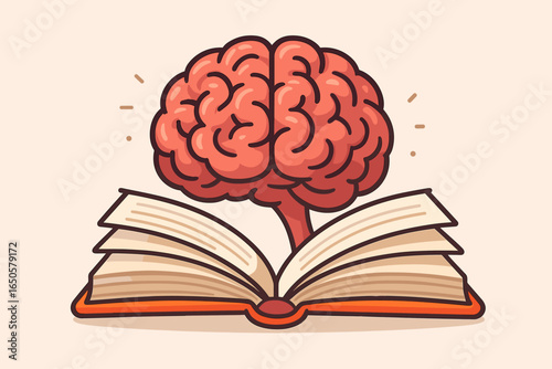 Knowledge, intelligence from reading concept vector. Brain grows from open book. Metaphor for learning, education, wisdom, study, personal growth. Mind development, creativity.