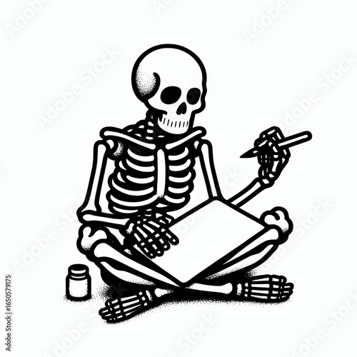 A Skeleton as developer. Retro Vintage Line Art Clipart Silhouette Vector Illustration. bony coder creating program scary framework architect.