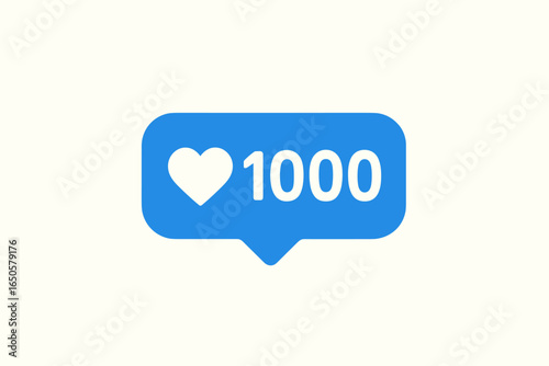 Social media 1000 likes icon. Blue bubble with heart symbol counter. Follower notification for popular post. Digital marketing success. Engagement growth. Vector cartoon.