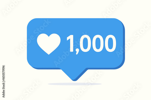 Social media likes counter. 1000 likes notification with heart icon. Blue bubble for follower engagement, online popularity, and success. Communication message. Vector.