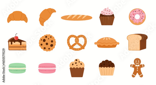 Colorful Flat Vector Bakery and Pastry Collection: Assorted Breads, Cakes, Cookies, Donuts, and Sweet Treats Icons