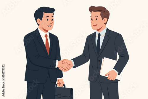 Two businessmen shaking hands after a successful business deal. Corporate agreement and partnership concept. Professional negotiation and teamwork. Vector cartoon illustration.