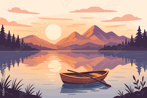 Serene sunset over a mountain lake with a peaceful rowboat. Vector illustration of a calm nature landscape with forest and water reflections. Outdoor travel and wilderness concept.