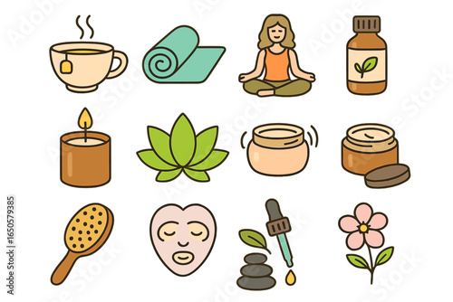 Wellness and self-care icon set. Yoga, meditation, spa, and beauty routine essentials. Line art collection with tea, candle, lotion, face mask and aromatherapy items.
