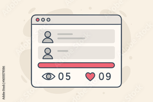 Social media live stream concept. UI window with viewers, likes and followers list. User engagement metrics for influencer or content creator. Progress bar. Vector illustration.