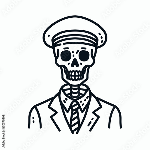 A Skeleton as flight attendant. Retro Vintage Line Art Clipart Silhouette Vector Illustration. .