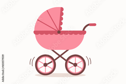 Cute pink baby stroller for a newborn girl. Vintage pram or buggy vector illustration. Flat design cartoon icon for a baby shower or gender reveal invitation.