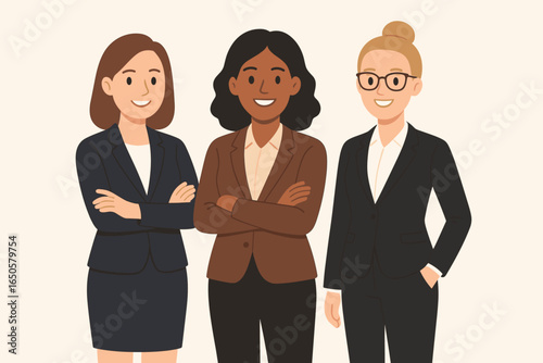 Businesswomen team. Group of three professional smiling multi-ethnic women. Diverse female colleagues concept. Leadership and empowerment. Flat design vector illustration.