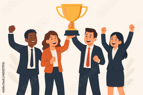 Diverse business team celebrating success with a golden trophy. Happy colleagues winning together. Teamwork, achievement, and victory concept. Flat design vector illustration.