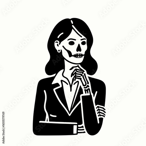 A Skeleton as human resources manager. Retro Vintage Line Art Clipart Silhouette Vector Illustration. .