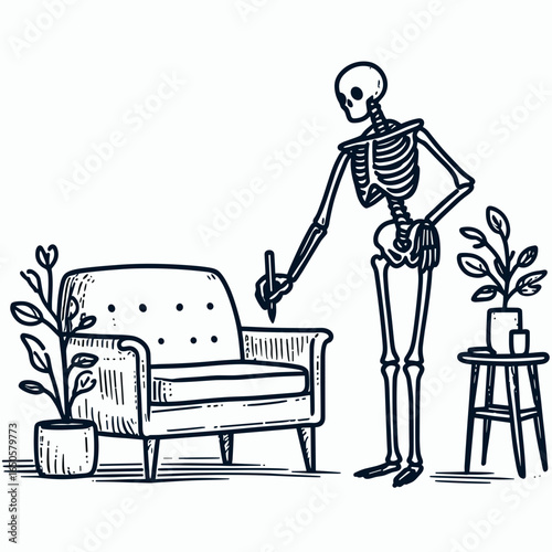 A Skeleton as interior designer. Retro Vintage Line Art Clipart Silhouette Vector Illustration. .