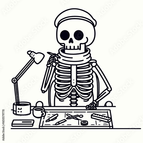 A Skeleton as interior designer. Retro Vintage Line Art Clipart Silhouette Vector Illustration. .