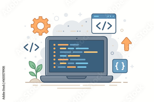 Web development concept with laptop and programming code. Software engineering, app development vector illustration. Modern flat cartoon design with icons for growth and process.