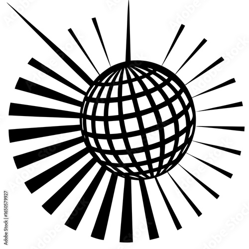 Disco ball spinning in light beams silhouette vector illustration