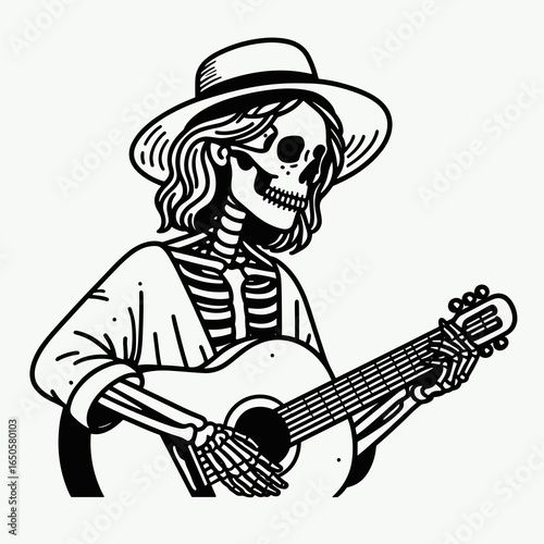 A Skeleton as musician. Retro Vintage Line Art Clipart Silhouette Vector Illustration. .