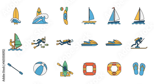 Colorful line art icon set of summer water sports and beach recreation activities