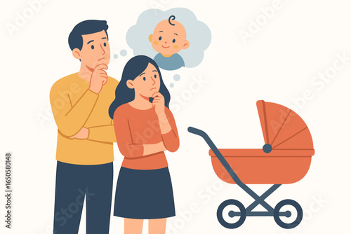 Couple thinking about having baby. Man and woman planning family. Husband and wife contemplating future with child. Concept of infertility, decision making. Flat vector.