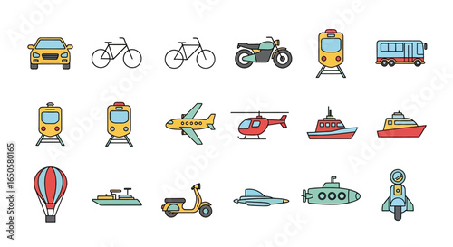 Colorful Line Art Icon Set of Various Land, Air, and Sea Transportation Vehicles