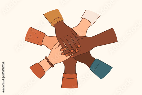 Diverse multiracial hands stacked in a circle as a symbol of unity, teamwork, and community. Concept of cooperation, support, friendship, and racial equality. All for one.
