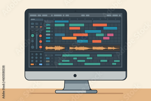 Digital audio workstation (DAW) on a computer monitor. Music production software for beat making, sound design, and audio engineering. Vector cartoon illustration concept.