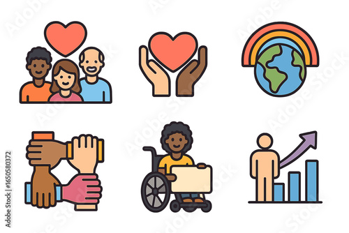 Diverse icons for social issues. Community support, inclusivity, progress. Vector set for charity, diversity, equality, disability rights. Teamwork and global unity concepts.