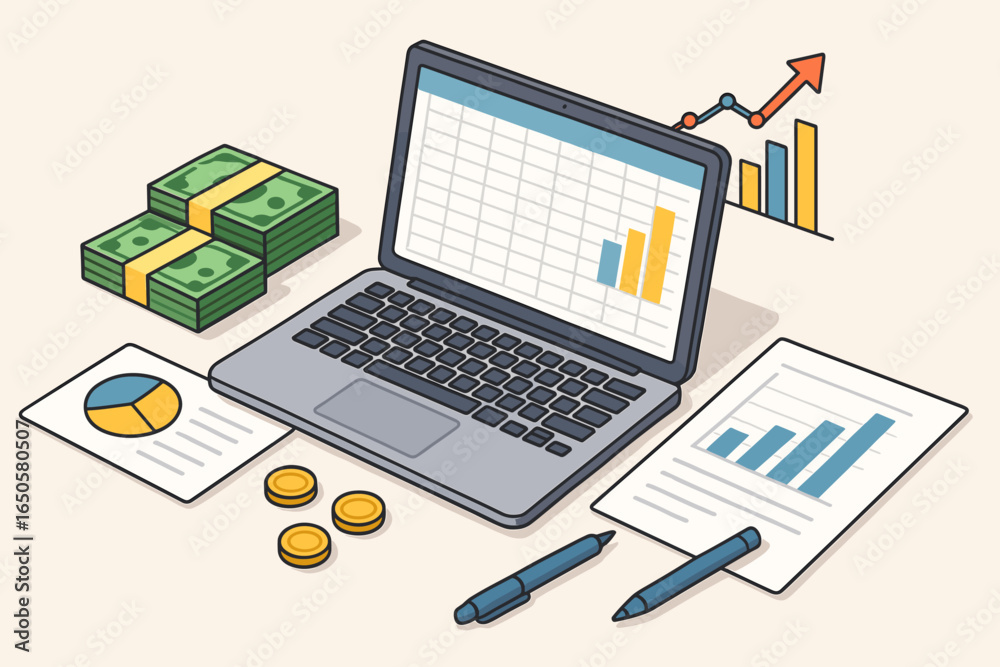 Isometric business finance concept. Laptop with spreadsheet and graph. Financial analysis, report, statistics. Investment growth, profit, success. Money, cash, coins. Arrow up. Isometric business finance concept. Laptop with spreadsheet and graph. Financial analysis, report, statistics. Investment growth, profit, success. Money, cash, coins. Arrow up.
