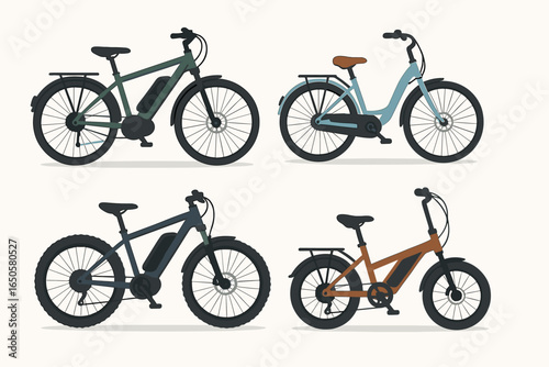 Electric bike vector set. E-bike types collection. Urban mobility, city bicycle, eco friendly transport. Battery power vehicle. Mountain bike. Flat design cartoon style.