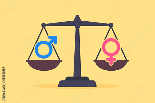Gender equality, balance concept. Male and female gender signs on scales. Flat design vector. Symbol of equal rights, justice, partnership, opportunity and pay for men and women.